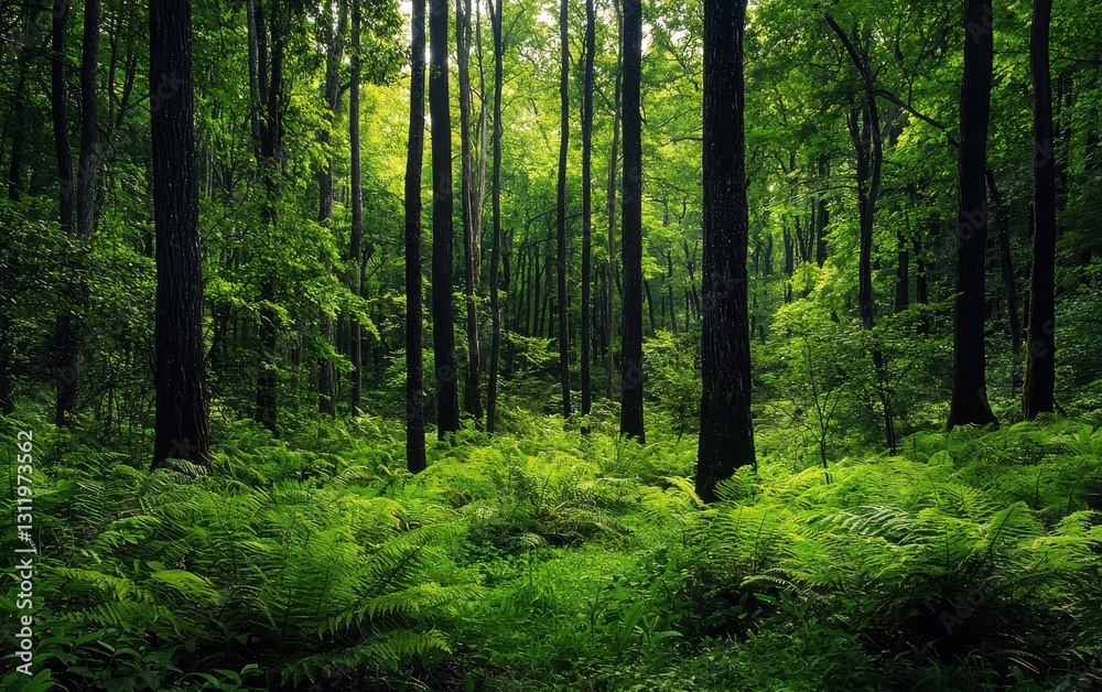 Fototapeta premium A lush forest with tall trees, vibrant green plants, and clean air, promoting sustainability and ecology