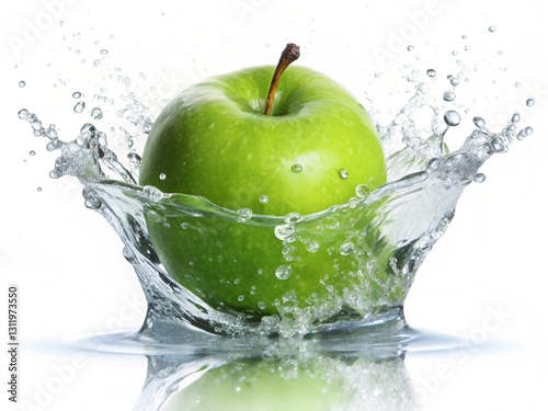 green apple with water splash isolated on white