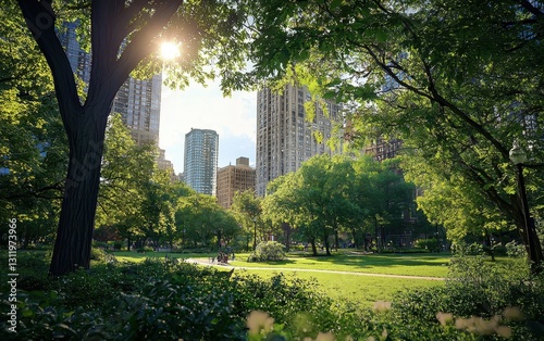 A city park with green spaces, trees, and wildlife, representing urban ecology and green spaces