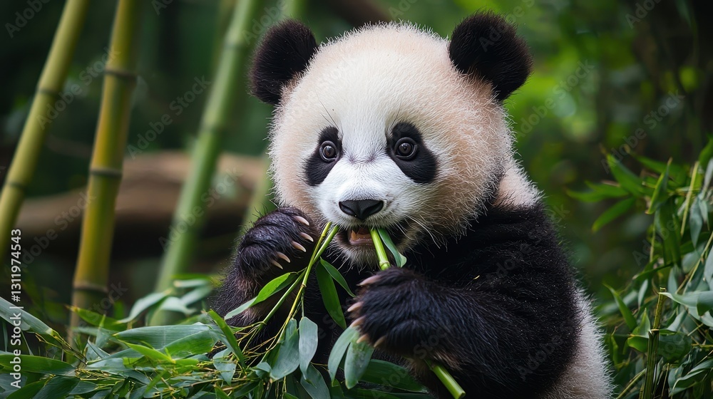 A close-up of a baby panda nibbling on bamboo in a peaceful bamboo forest A close-up of a baby panda nibbling on bamboo in a peaceful bamboo forest