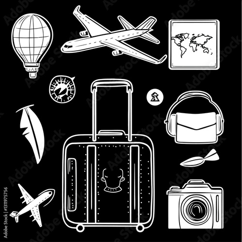 Black & White Travel Icons: Suitcase, Airplane, Map, Camera, Compass