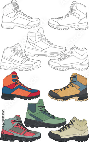 Set of hiking boots illustration. Illustration set vector boots. Side view hiking boots isolated with black background.