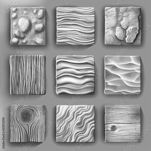 Nine Stone Wood Wave Patterns in Grey Scale - Texture Tile Assemblage