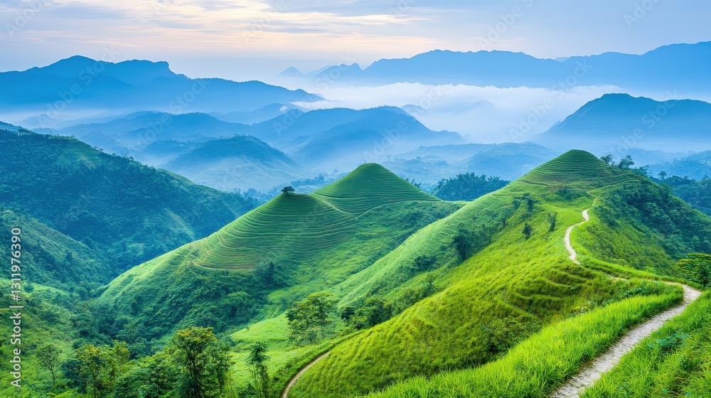Obraz premium Serene Landscape of Rolling Green Hills Under a Soft Blue Sky with Distant Mountains