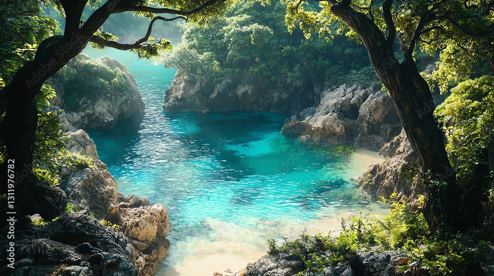 A tranquil coastal scene featuring clear turquoise waters framed by lush greenery and rocky shores, evoking a sense of serenity and natural beauty.