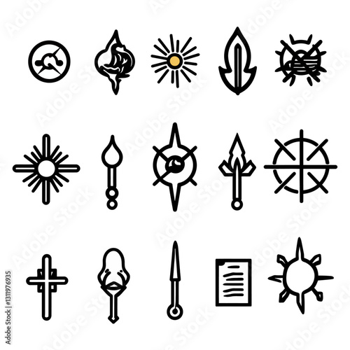 Icon Set of Mythic, Fantasy, and Mystical Symbols on White Background