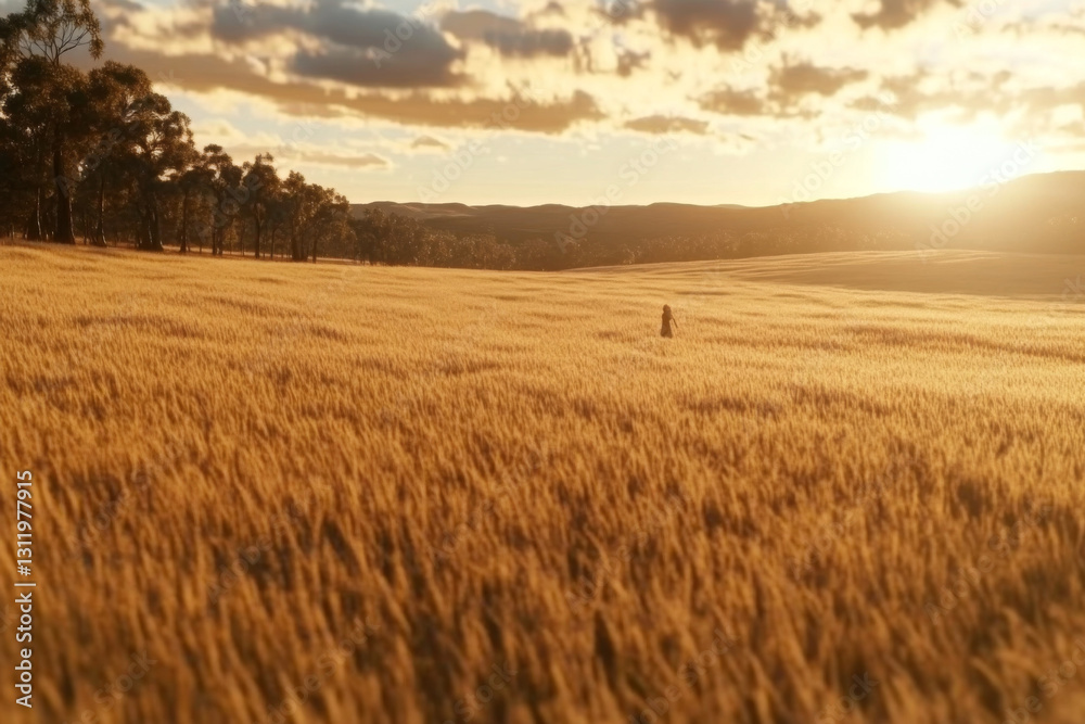 Obraz premium A person walks through a golden wheat field surrounded by trees as the sun sets, casting a warm glow over the expansive landscape Generative AI
