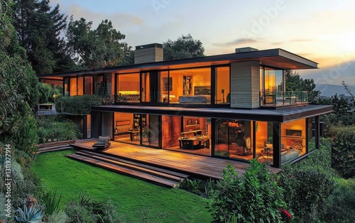 A luxurious modern home with expansive decks, large glass doors, and a lush green garden, situated on a hilltop with sweeping views of the valley