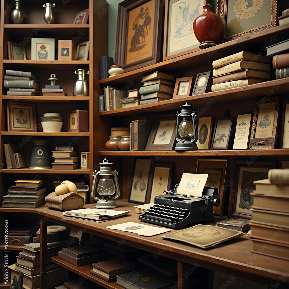 A warm sepia-toned image of an antique shop filled with retro treasures like typewriters and oil lanterns, showcasing a nostalgic atmosphere of history and charm A warm sepia-toned image of an antique shop filled with retro treasures like typewriters and oil lanterns, showcasing a nostalgic atmosphere of history and charm