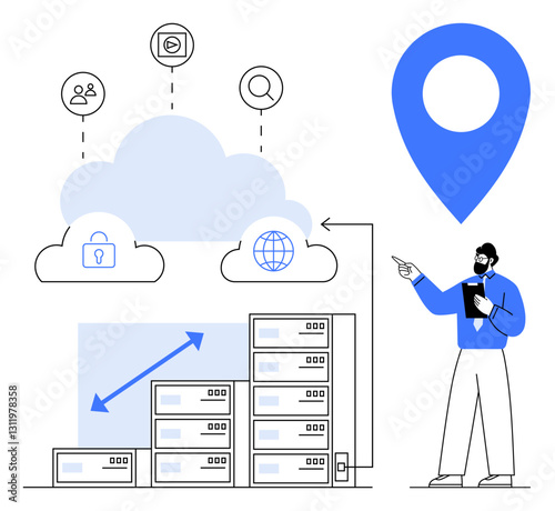 Cloud storage linked to data servers, user access, and security icons with scalability arrow. Business manager evaluates expansion. Ideal for technology, data storage, security, cloud systems