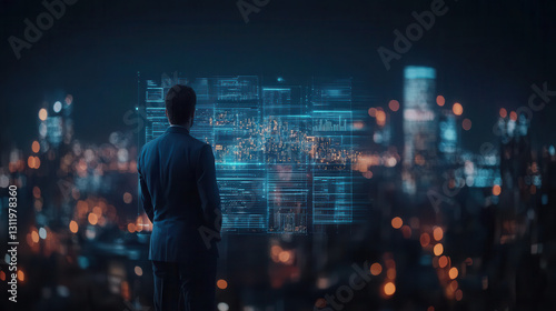 Wallpaper Mural business executive analyzing data in futuristic cityscape at night, showcasing advanced technology and urban development Torontodigital.ca