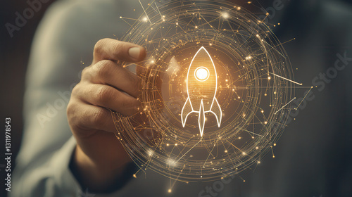 Innovative business strategist interacting with virtual rocket interface, symbolizing growth and technology