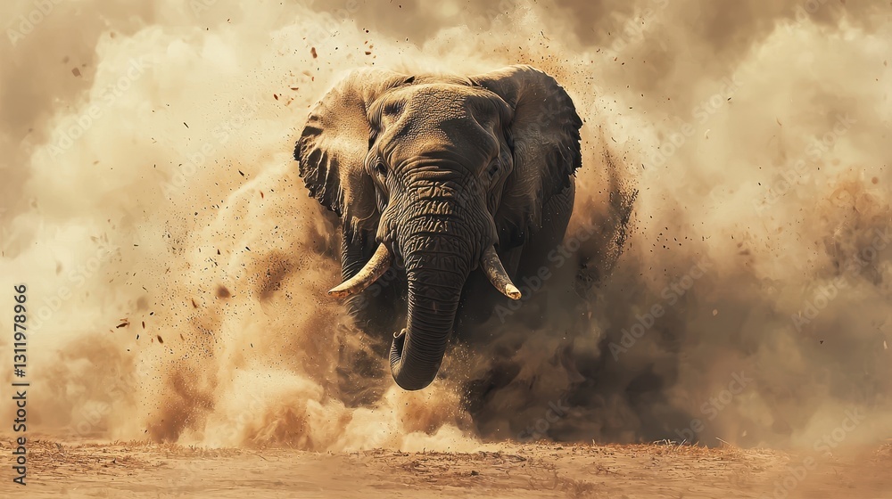 Fototapeta premium A majestic bull elephant charging across the savanna, kicking up dust as it moves