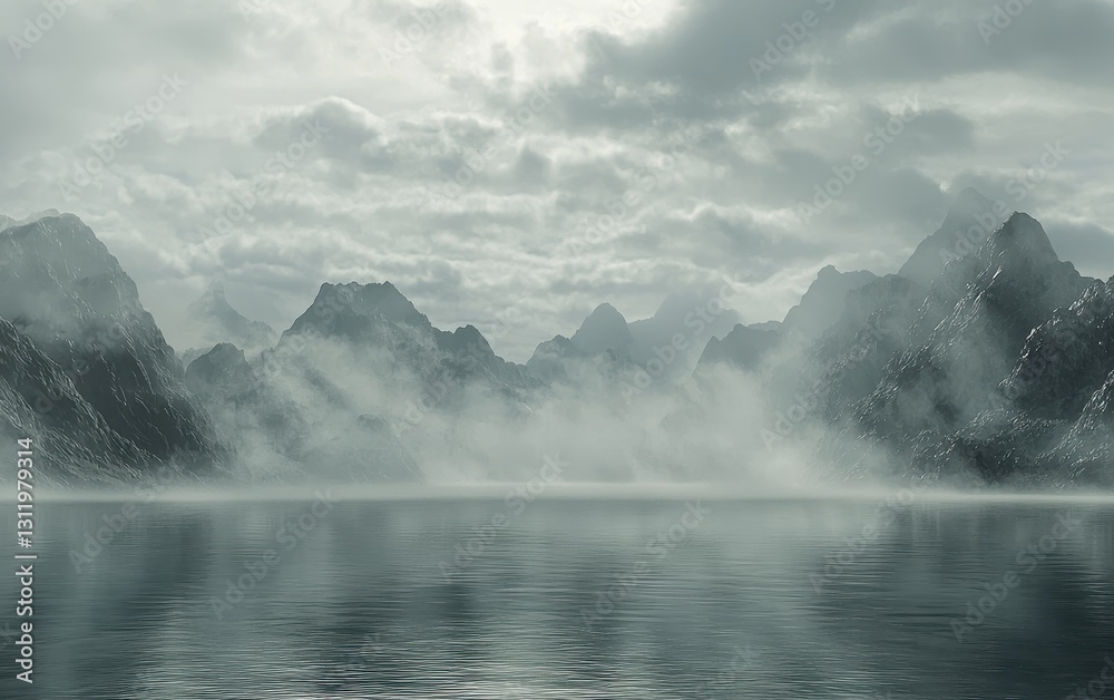 Fototapeta premium A dense fog rolling over a peaceful lake with distant mountains fading into the mist