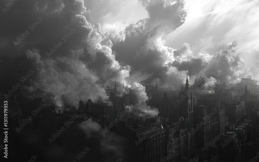 A mass of dense clouds over a city, casting an eerie shadow over the streets as the storm approaches A mass of dense clouds over a city, casting an eerie shadow over the streets as the storm approaches