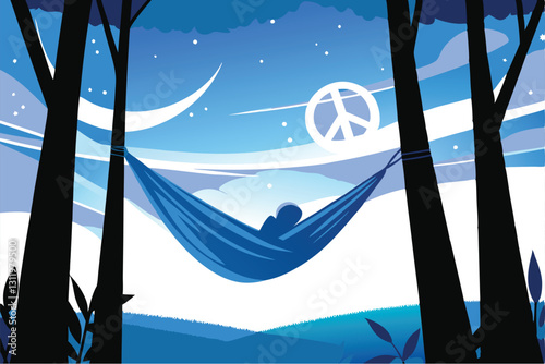 A person relaxes in a hammock, eyes closed, peacefully enjoying the comfort and tranquility of their safe space.  Illustrate serenity and contentment.