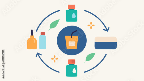 Skincare Ritual An open skincare regimen with various products forming a circle with arrows showing the movement of nanoparticles from the products to the skin.