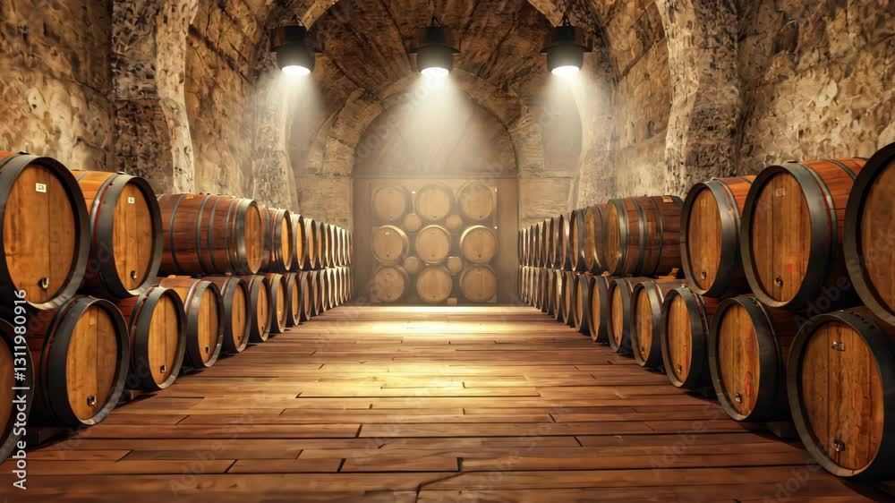 Rustic wine cellar filled with rows of wooden barrels. Traditional winemaking