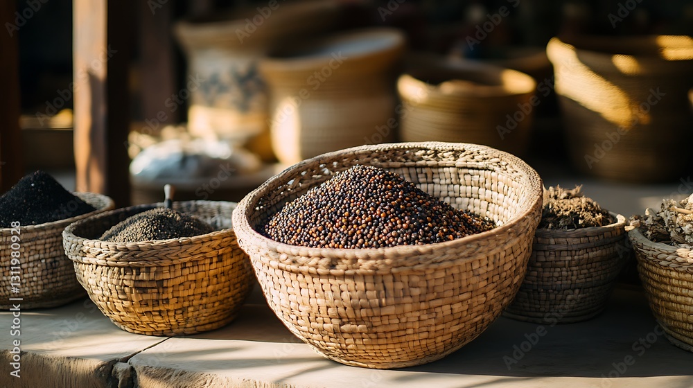 Seeds and Herbs in Woven Baskets at a Farmer's Market Stall Seeds and Herbs in Woven Baskets at a Farmer's Market Stall