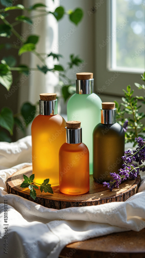 Elegant Collection of Essential Oils in Frosted Glass Bottles for Wellness Brands and Aromatherapy Marketing Elegant Collection of Essential Oils in Frosted Glass Bottles for Wellness Brands and Aromatherapy Marketing