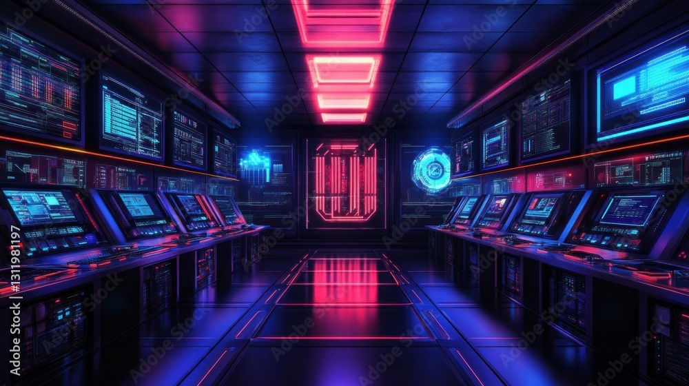 Futuristic Control Room: Neon Lights and Advanced Technology Futuristic Control Room: Neon Lights and Advanced Technology