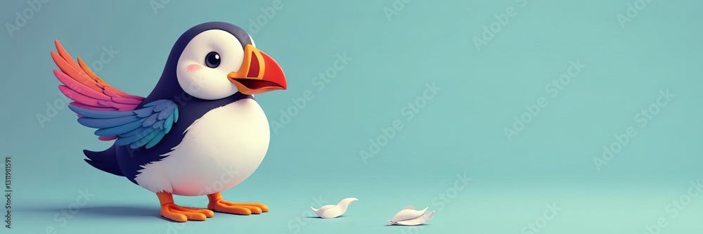 Cute cartoon puffin icon with colorful feathers, fun, bird Cute cartoon puffin icon with colorful feathers, fun, bird