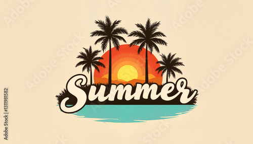 Retro summer logo with sunset and palm trees, nostalgic vibes
