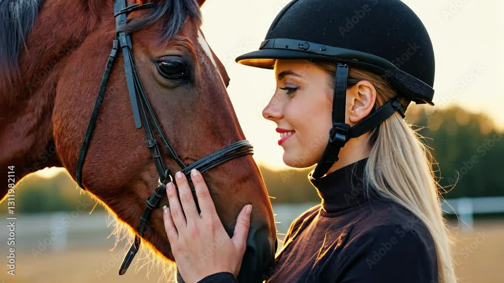 Young woman wearing riding helmet and black outfit touching her horse face at sunset. Female equestrian bonding with horse