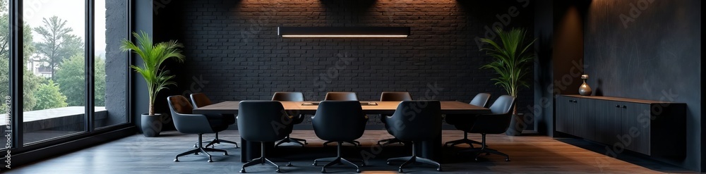 Fototapeta premium Dark black brick meeting room with sleek modern furniture, elegant, conference