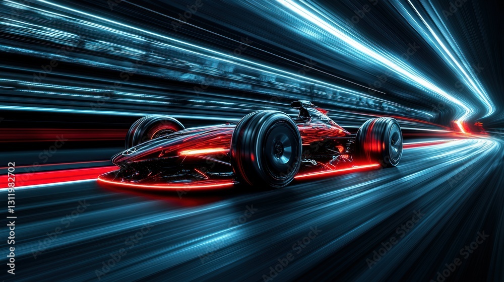 Futuristic race car in motion through a vibrant tunnel