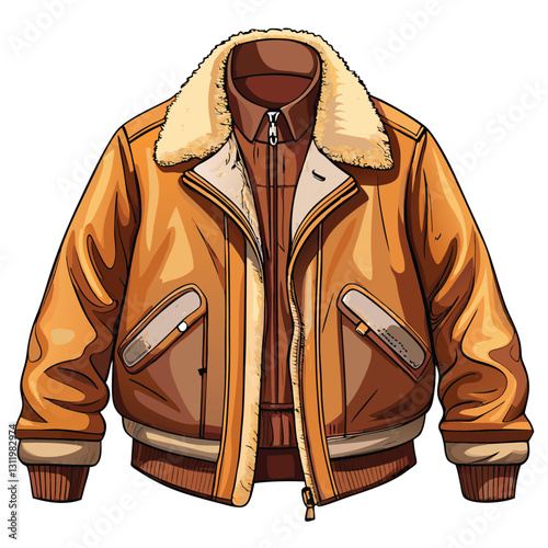 Create a detailed vector illustration of a brown suede bomber jacket, showcasing texture, stitching, and zipper.  Include realistic folds and shadows.