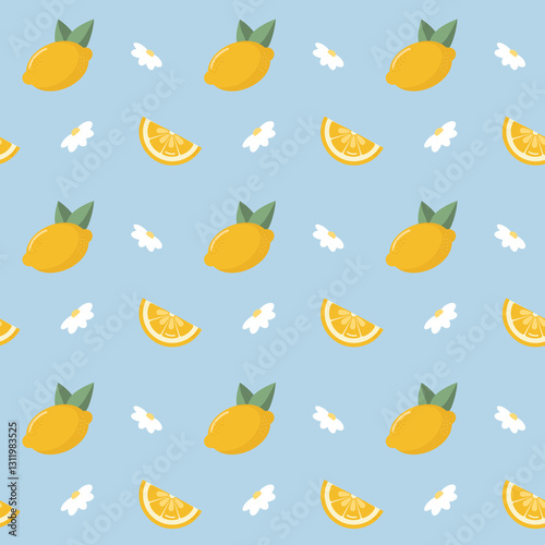 Seamless pattern of Lemon illustration clip art with lemon slices pieces and flower. Juicy yellow tropical fruits and leaves composition. concept of summer fresh and citrus.