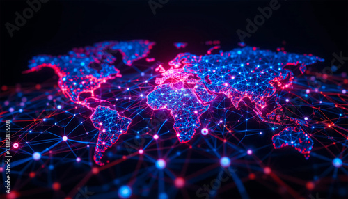 Digital world map with neon blue and pink data connections