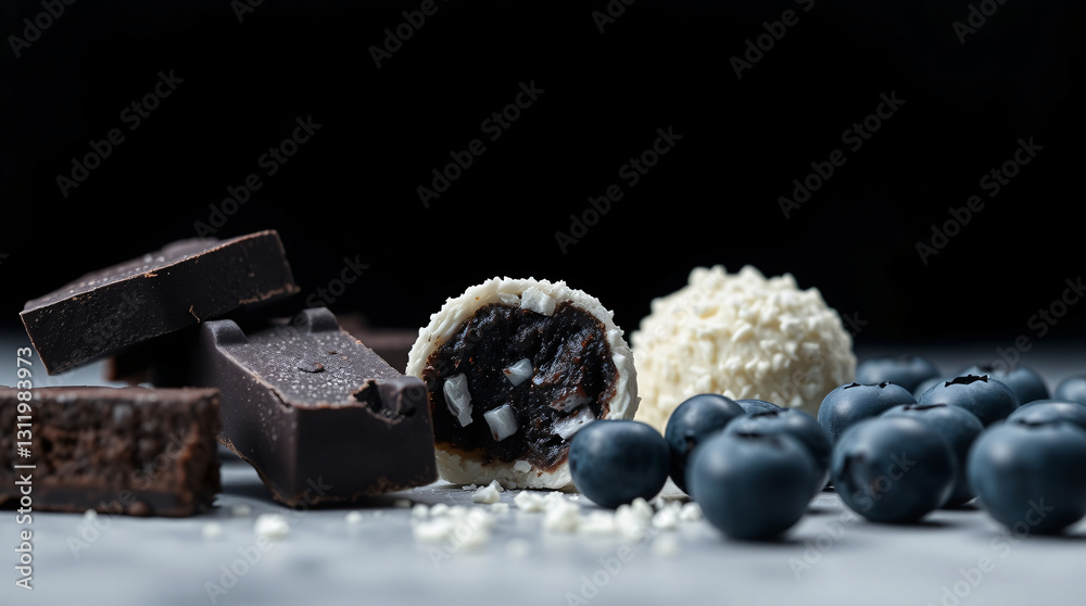 A high-contrast, moody food arrangement featuring dark chocolate squares with a glossy finish, white coconut truffles with a shredded coating and creamy interior, and fresh blueberries. A high-contrast, moody food arrangement featuring dark chocolate squares with a glossy finish, white coconut truffles with a shredded coating and creamy interior, and fresh blueberries.