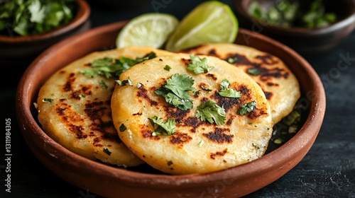 Golden-brown pupusas served on a handcrafted clay plate, garnished with fresh cilantro and lime wedges, placed on a deep charcoal background