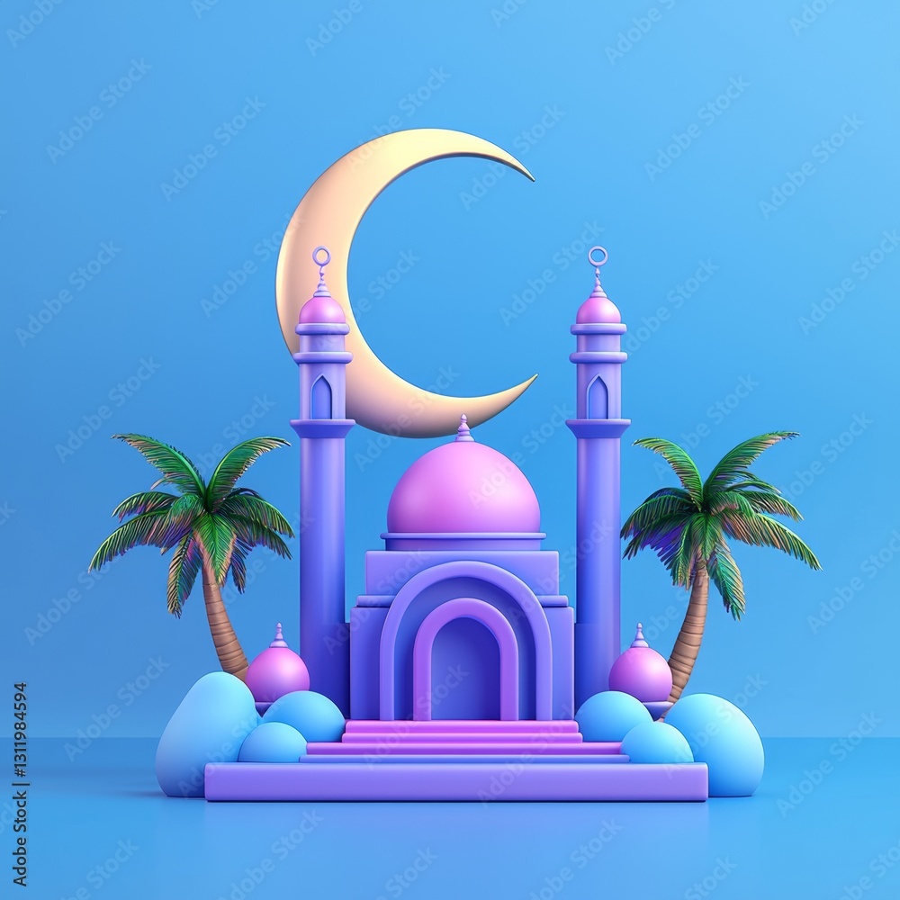 Obraz premium 3D Ramadan icons, featuring a detailed mosque, lantern, and crescent moon, soft lighting, pastel colors