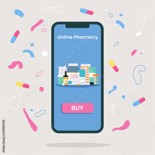 Online pharmacy concept.Drugstore application.Buy medicine online with the smartphone.Vector illustration