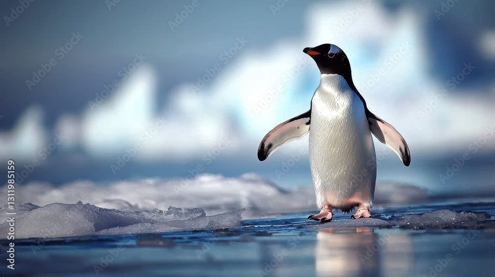 Obraz premium A penguin waddling across the ice in Antarctica, with a vast, icy landscape behind it