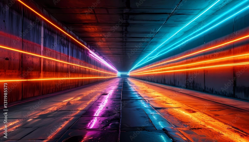 Background with neon rays on stone texture. Modern neon wallpaper. Neon glare on wet stone. Cyberpunk background. Generated by AI