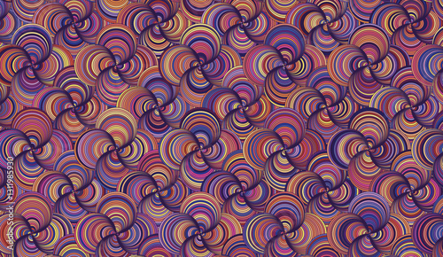 Kaleidoscopic Vortex, A hypnotic tapestry of swirling concentric circles in vibrant hues creates a mesmerizing abstract backdrop that pulsates with rhythmic energy