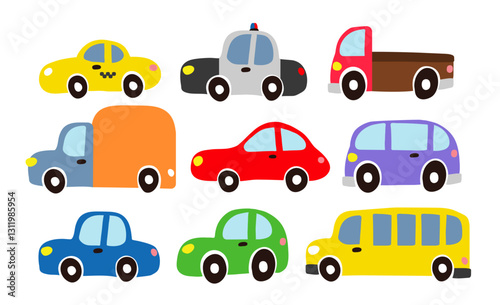 collection of cute colorful cartoon cars and vehicles kids style drawing on white background 