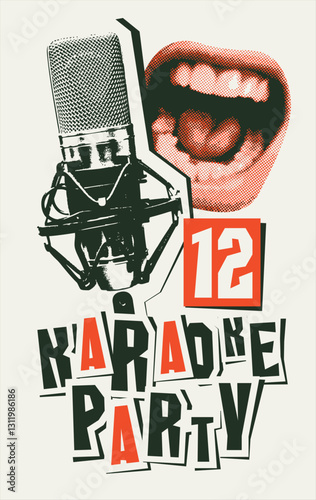Vector music poster or banner for karaoke party with a singing mouth, a studio microphone and a calligraphic inscription on a background. Suitable for advertising poster, banner, flyer, invitation