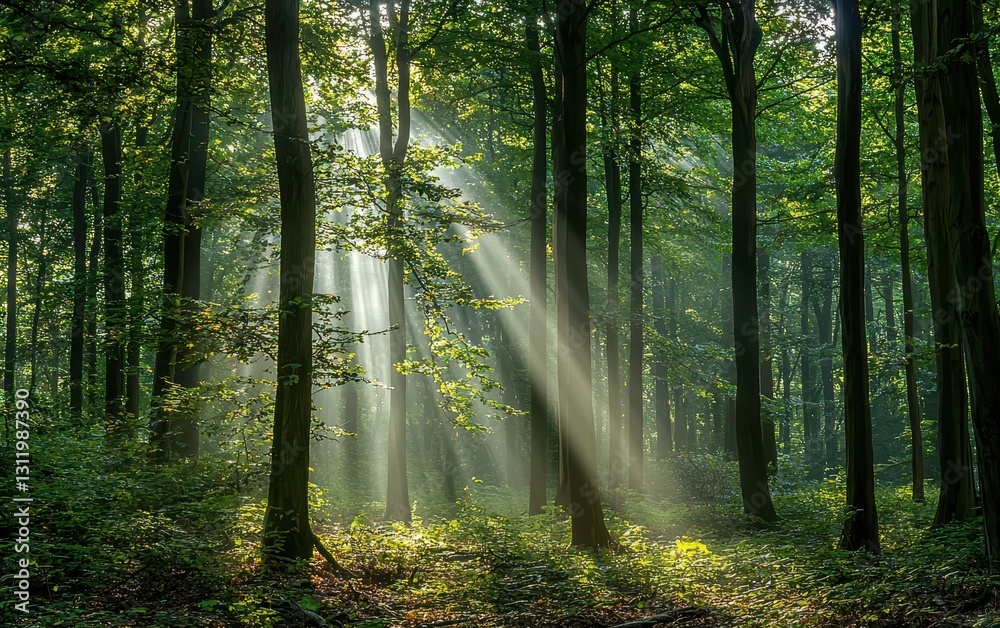 Fototapeta premium A serene forest with towering trees and sun rays filtering through the leaves