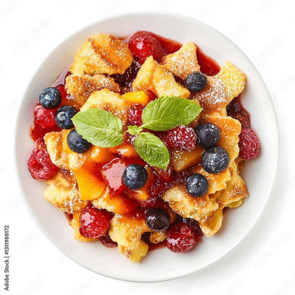 Kaiserschmarrn (Fluffy Shredded Pancake) with Fruit Compote, Top-Down View, Isolated on White Background Kaiserschmarrn (Fluffy Shredded Pancake) with Fruit Compote, Top-Down View, Isolated on White Background