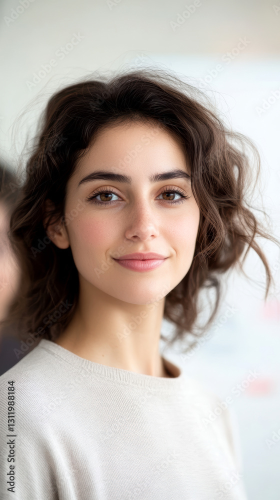 Smiling woman with short hair posing indoors, radiating confidence and warmth in a casual setting Smiling woman with short hair posing indoors, radiating confidence and warmth in a casual setting