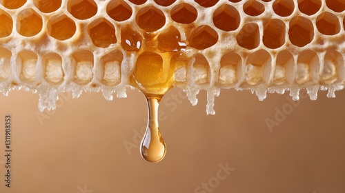Organic honey extraction bees creating honeycomb in a hive environment close-up view of dripping honey
