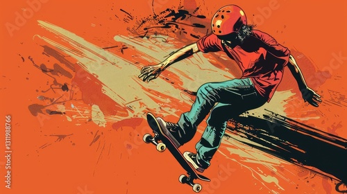 Stylized skateboarder mid-air with dynamic orange and brown background