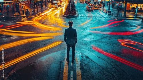 CEO standing at a crossroads, facing multiple futuristic paths, metaphor for tough decision-making in leadership, neon cyberpunk vibes, cinematic perspective