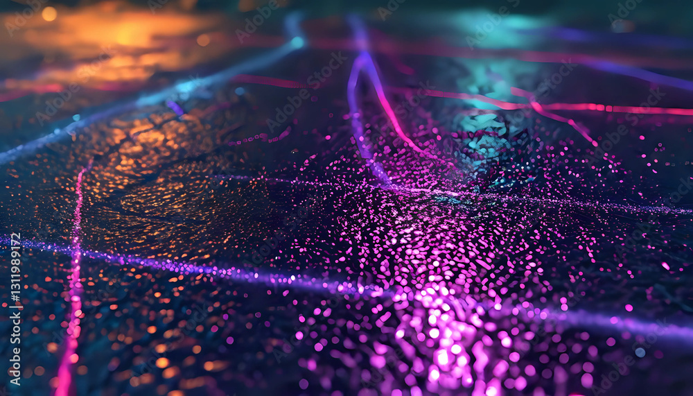 Background with neon rays on stone texture. Modern neon wallpaper. Neon glare on wet stone. Cyberpunk background. Generated by AI