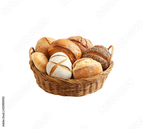 
wooden Basket with assorted bread isolated on White background


